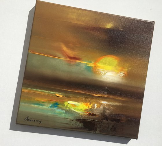 Addicted to the Sun - 30 x 30 cm, abstract landscape painting in brown and yellow