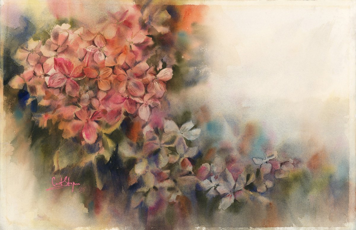 Impressionistic Watercolour , Pink Hydrangea By Sophie Rodionov, 22 X 15, Artwork For Sale On Artfinder