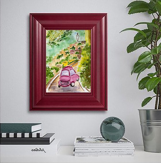 Italy Painting Retro Car Original Art Mediterranean Watercolor Riviera Artwork Home Wall Art 8 by 12 by Halyna Kirichenko