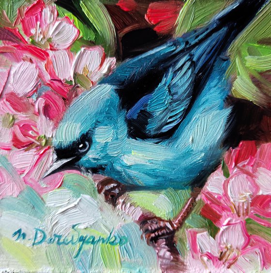 Turquoise honeycreeper bird on brunch blossom painting original 4x4, Bird and flower oil artwork gift for girl friend