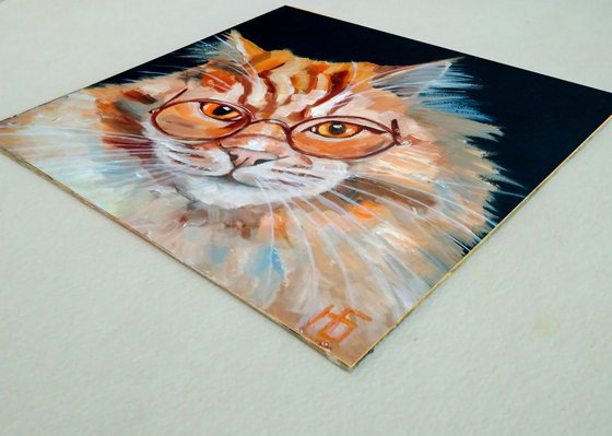Learned Cat Oil Painting Ginger Artwork Original Pet Wall Art