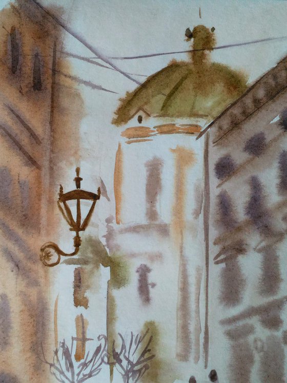 Lviv Painting Cityscape Original Art Ukraine Small Watercolor Artwork 8 by 12 inches