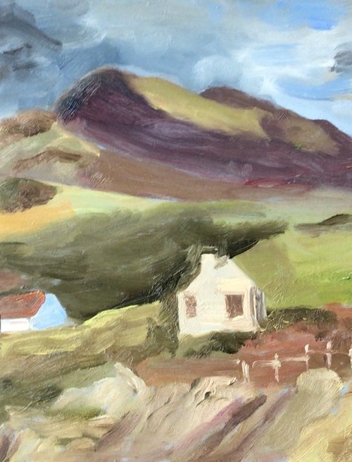 Cottage in the mountains, an original oil painting by Julian Lovegrove Art