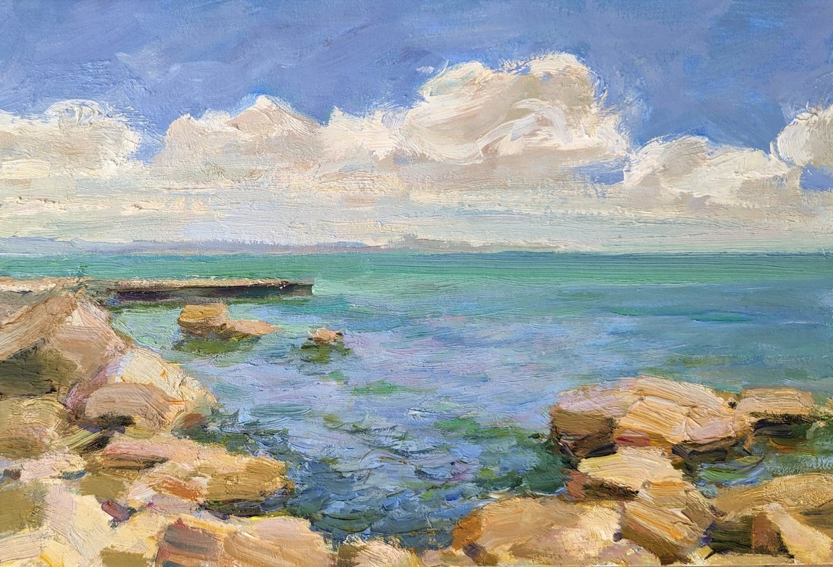 Impressionistic Landscape Oil Painting By Olga Samar, 12 X 8", Etude"Rocks, Clouds", Original Artwork