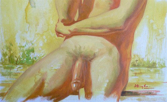 OIL PAINTING BODY ART NAKED MAN AND A BIRD #16-7-30
