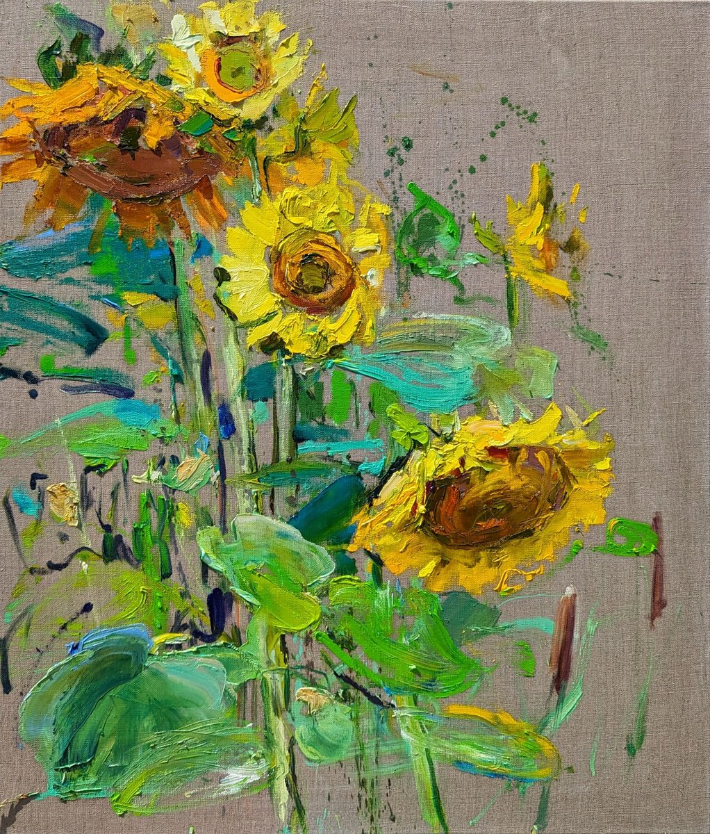 Sunflowers . 60x70 cm. Large Sunny painting a la prima on linen canvas by Helen Shukina