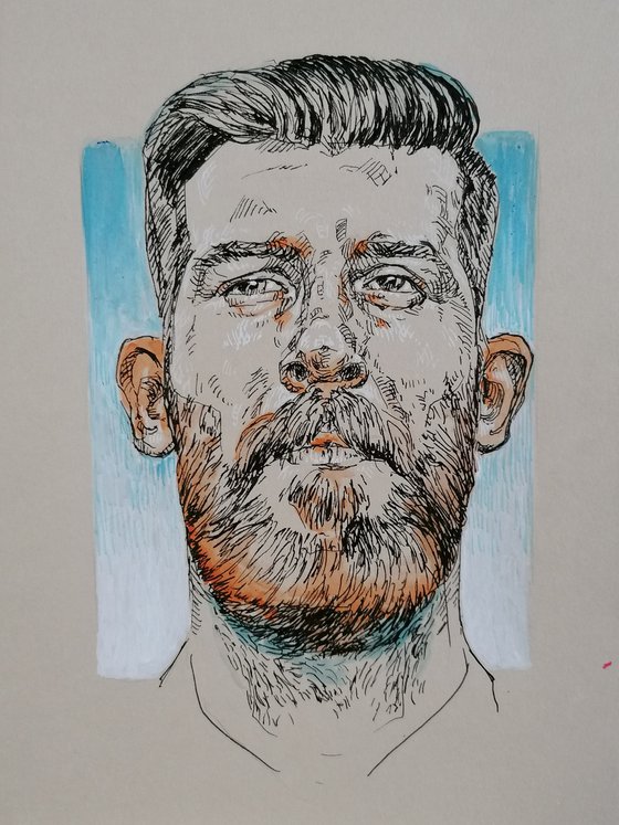 Hipster portrait. Ink portrait drawing