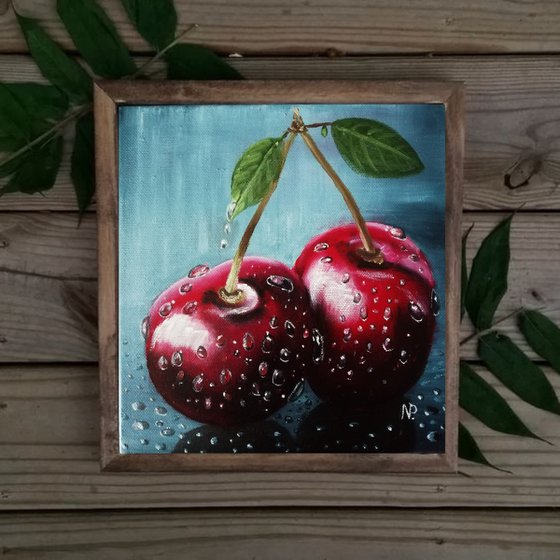 cherries twins. original still life oil painting, gift ide art for home