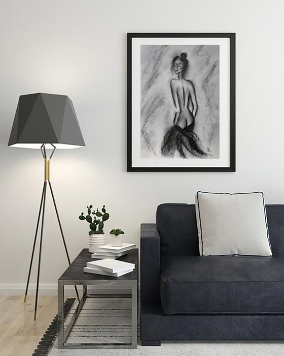 Female Nude Painting Figurative Original Art Woman Standing Nude Drawing Back View Bedroom Bathroom Charcoal Wall Art 12 by 17 inches