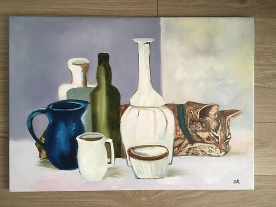 Sleeping beauty  Troy The Cat and Giorgio Morandi vases and bottles