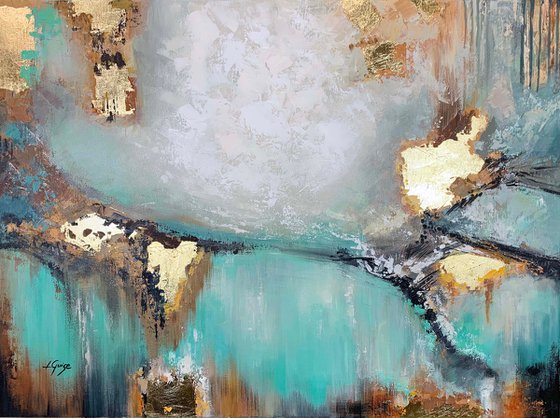 Awake my Soul - Teal Abstract Painting 32" Large Canvas, Gold Leaf, Minimalist Painting, Blue Green Aqua Abstract Painting