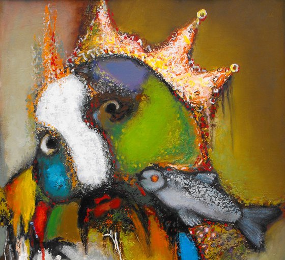 The king and the black cat (70x50cm, oil, acrylic/canvas, ready to hang)