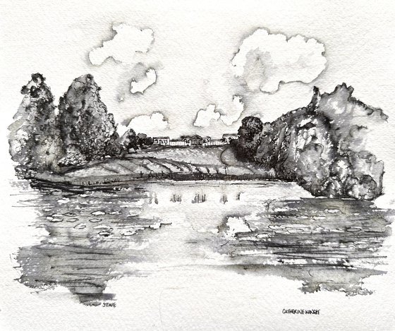 Stowe Gardens Buckinghamshire National Trust Landscape Ink Drawing