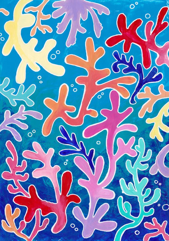 "Happy corals" acrylic painting on paper, wall art, interior art,  interior design, gift, dream.