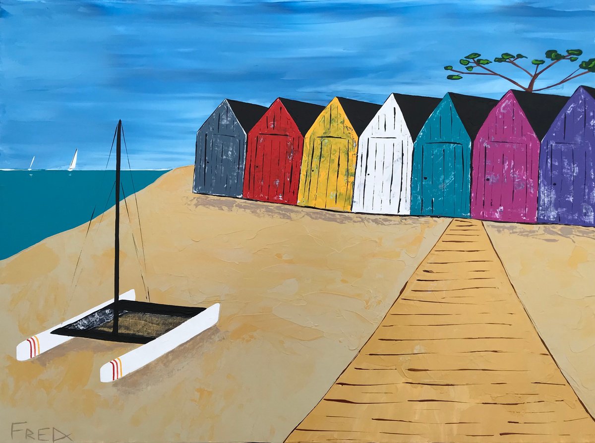 Landscape Acrylic Painting By Cadiou Frederic, 26 X 20, The Beach Huts, Original Artwork