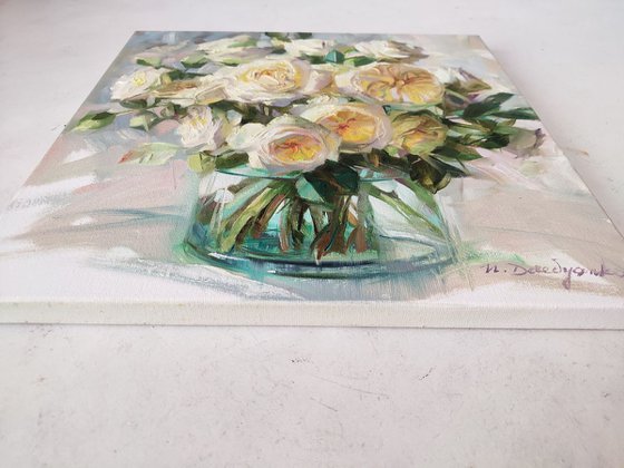 White roses art, Oil painting rose, Impressionist flowers art painting, Rose in glass still life, Anniversary gift for her, Bouquet rose art