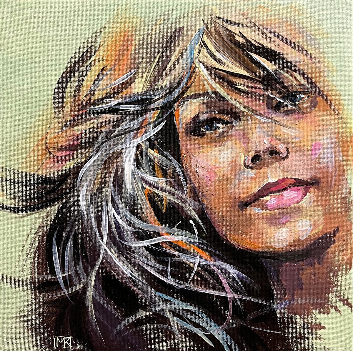 Impressionistic Portrait Acrylic Painting By Maria Kireev, 12 X 12", Windswept Soul, Original Artwork