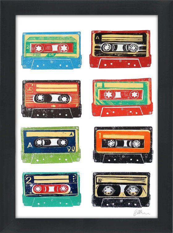 Linocut tapes #32 - framed and ready to hang (cassette tapes, retro music, 70's, 80's rock culture)