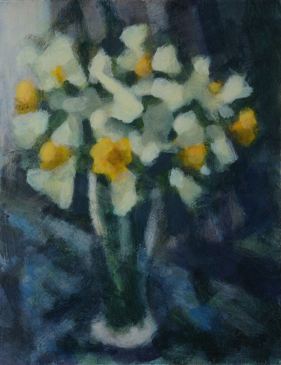 Impressionistic Botanical Acrylic Painting By Hugo Lines, 10 X 13, Daffodils In A Beer Glass, Original Artwork