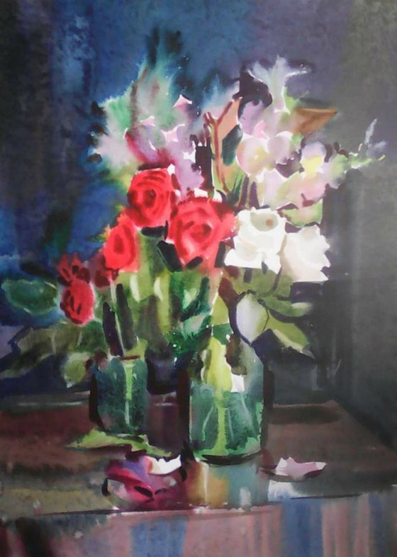 Bouquet, large watercolor painting 68x98 cm