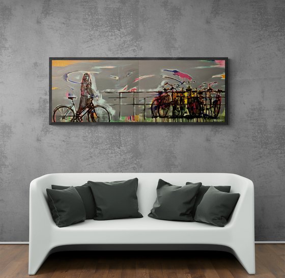 Big painting - "Amsterdam" - Girl - Bikes - Bicycle - Diptych - Pop Art - Urban