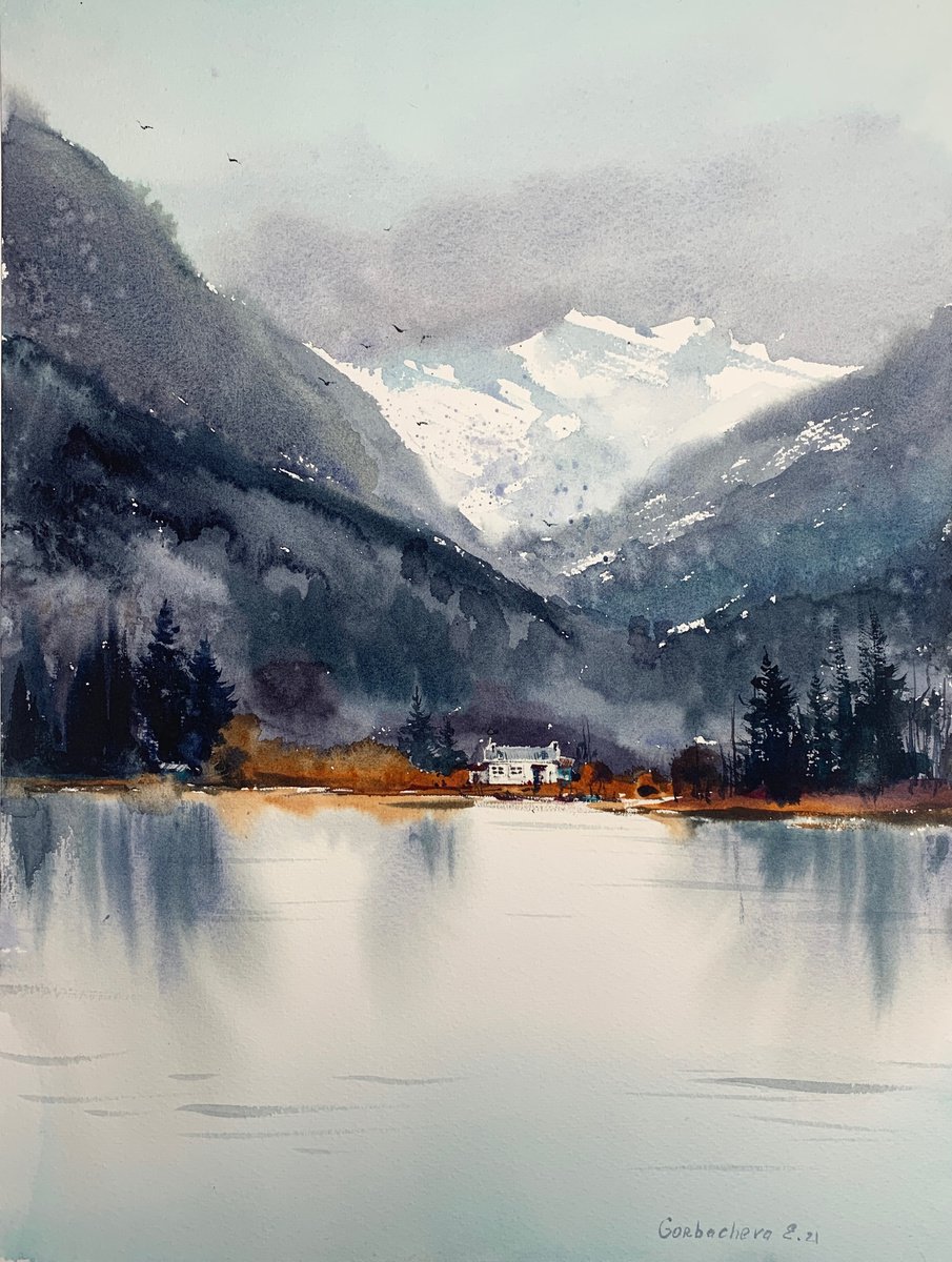 Impressionistic Landscape Watercolour By Eugenia Gorbacheva, 12 X 16, Mountain Lake #12, Original Artwork