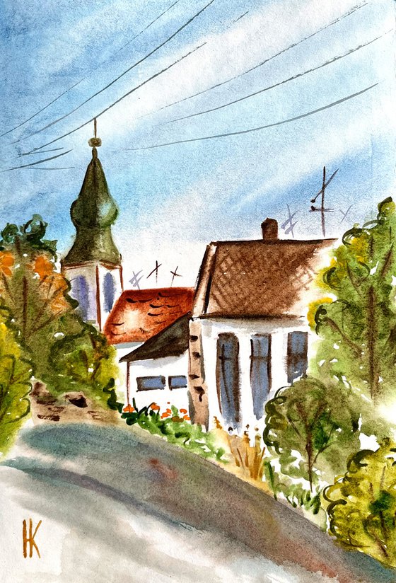Hungary Painting Balaton Original Art Village Watercolor Landscape Artwork Roof Church Wall Art 8 by 12" by Halyna Kirichenko