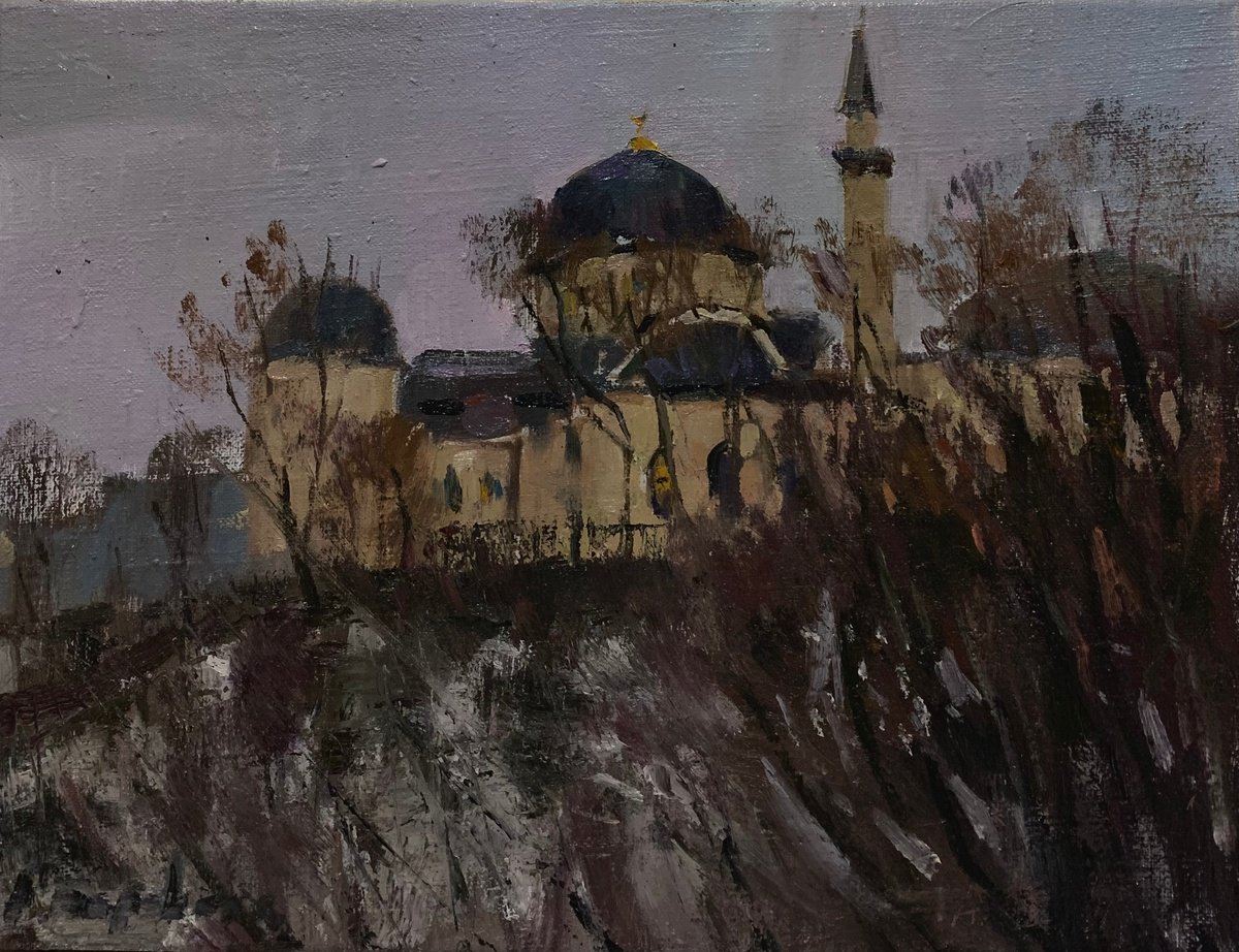 Impressionistic Cityscapes Oil Painting By Andriy Berekelia, 16 X 12, Twilight Over The Mosque, Original Artwork