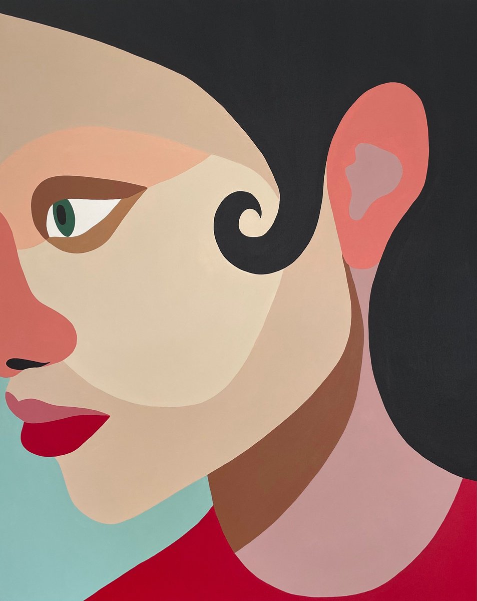 Geometric Portrait Acrylic Painting By Katalin Macevics, 31 X 39", Comfort Of Oblivion, Original Artwork