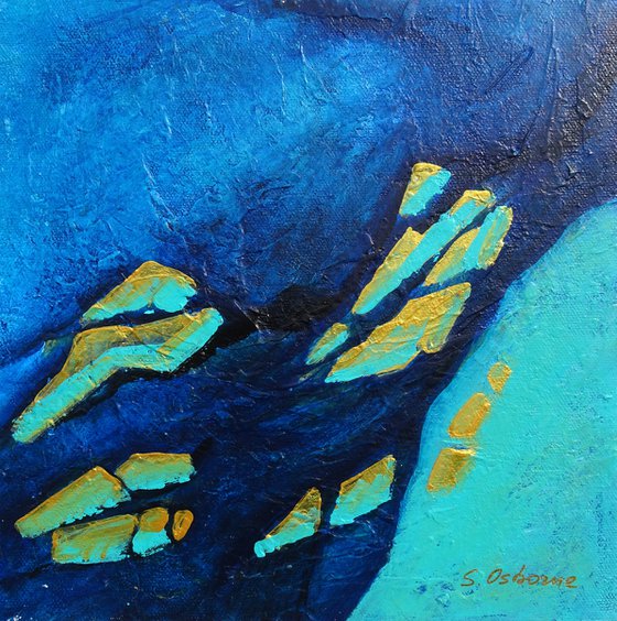 Small Blue and Gold Abstract Landscape Painting #4. 25x25cm. Small Abstract Seascape