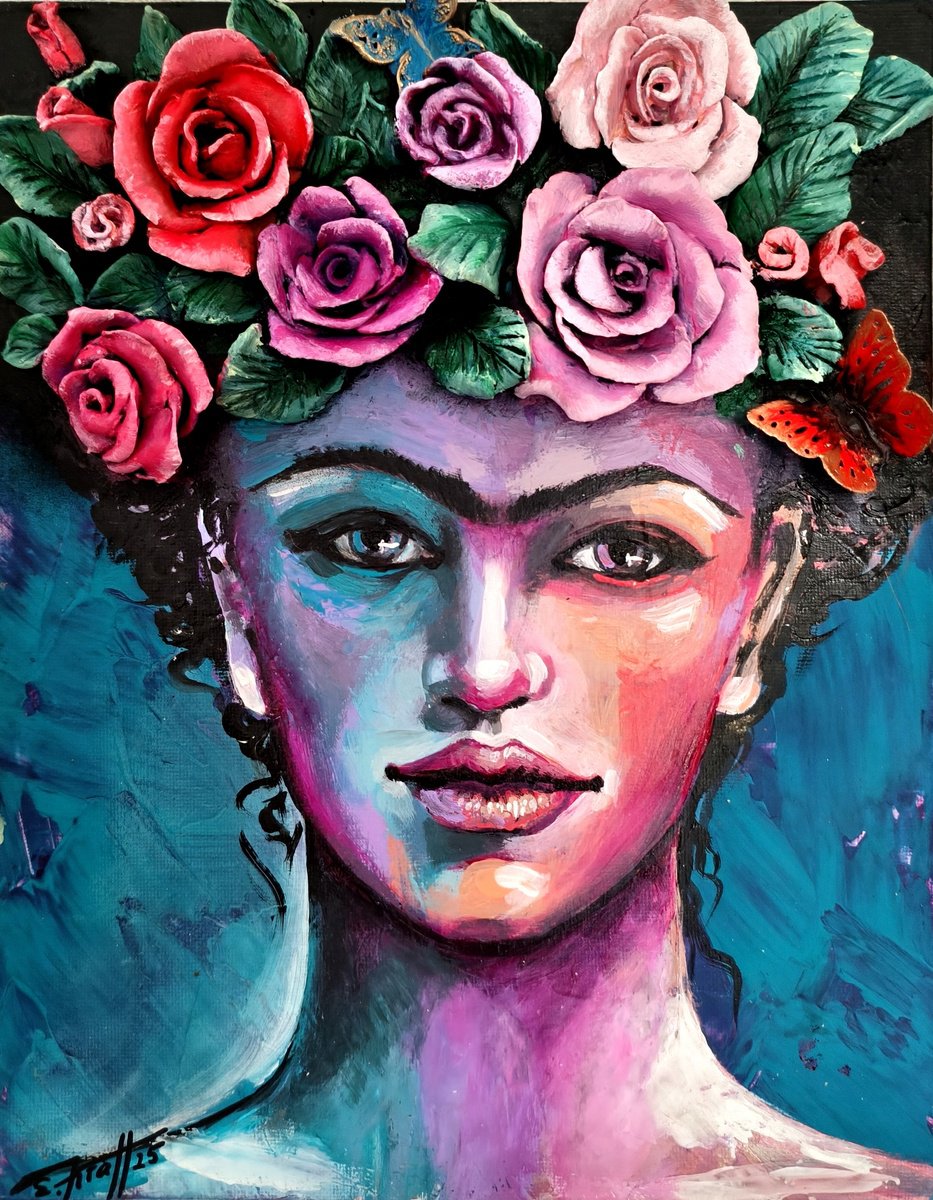 Impressionistic Portrait Acrylic Painting By Elena Kraft, 9 X 12, Frida. Bloom Of The Spirit, Original Artwork