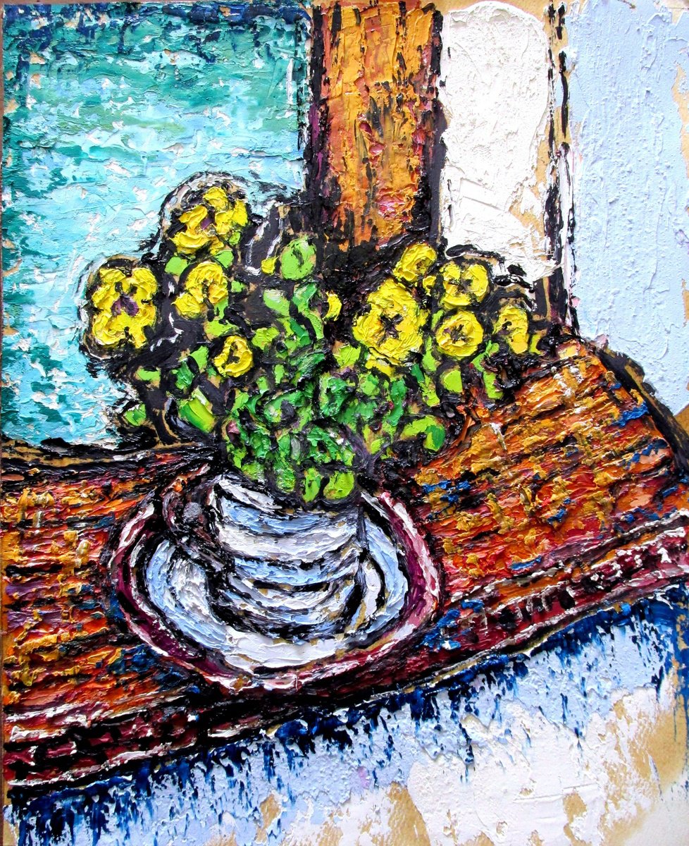 Expressive Botanical Oil Painting By Richard Meyer, 13 X 16", Polyanthas In A Mug, Original Artwork
