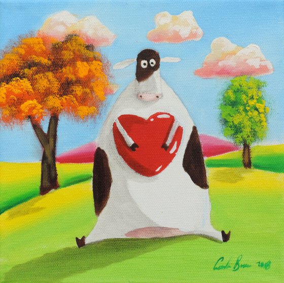 Cute cow with a heart folk art 8" x 8"