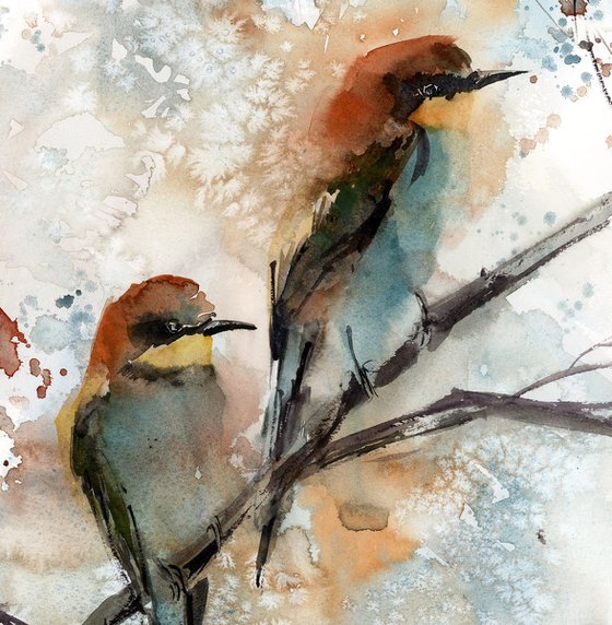 Bee eater birds couple watercolor painting