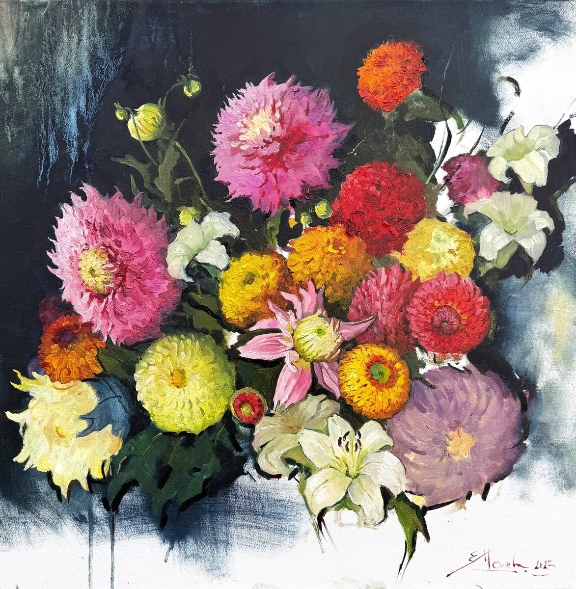 Impressionistic Still Life Oil Painting By Evgeniia Mekhova, 24 X 24, Modern Still Life With Dahlias, Original Artwork