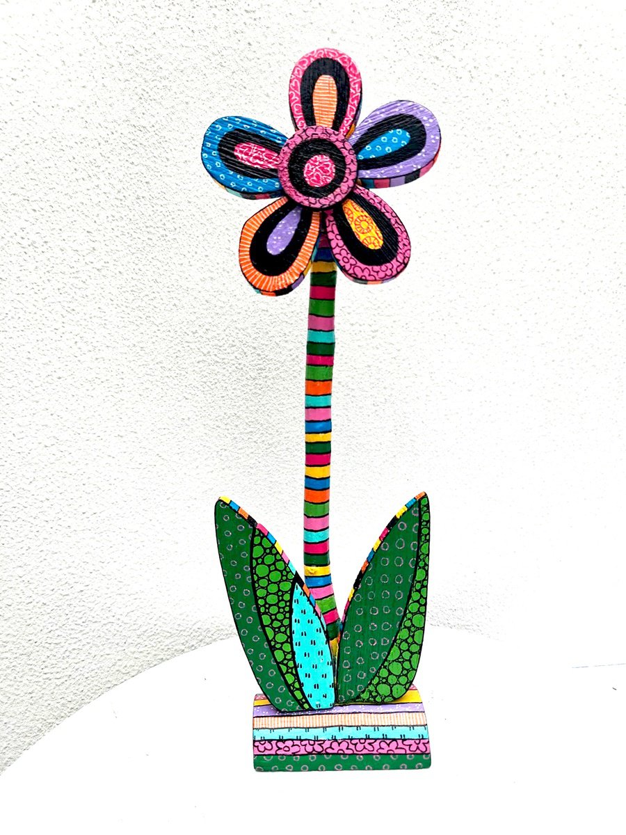 Naive Botanical Wood Sculpture By Vio Valova, 5 X 15", Flower, Original Artwork