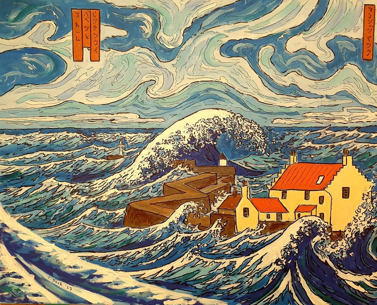 Landscape Acrylic Painting By Colin Ross Jack, 30 X 24, Storm Babet, Pittenweem [In Style Of Hokusai], Original Artwork