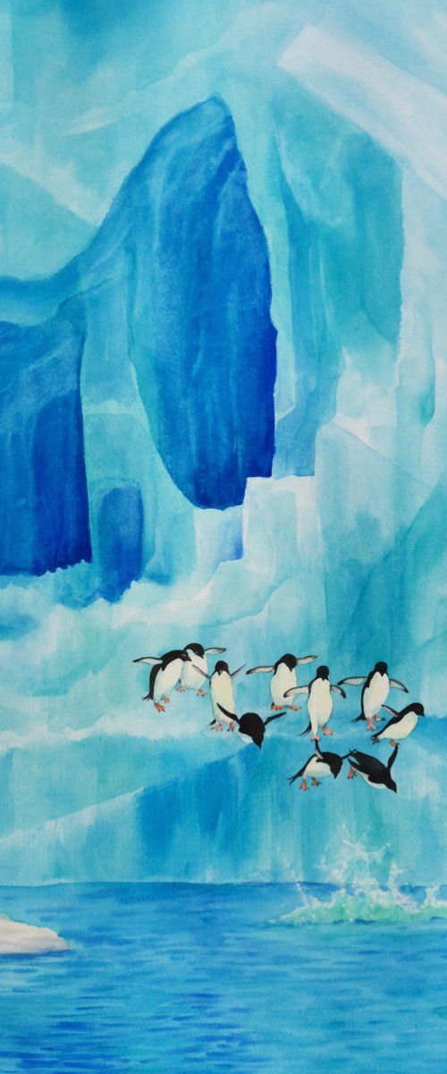 Penguins jumping off an iceber by Olga Beliaeva Watercolour