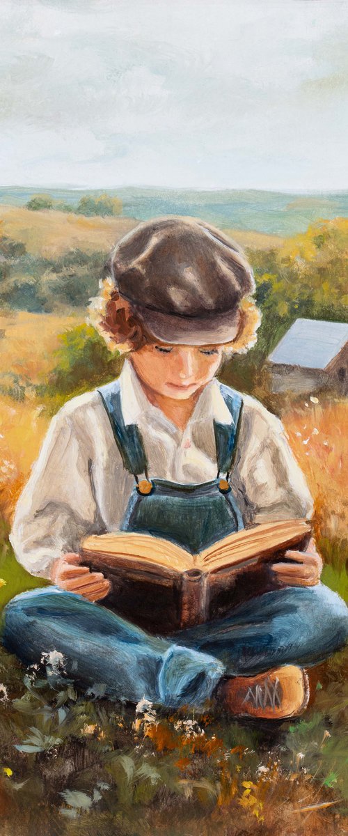 Farmer boy reading a book by Lucia Verdejo
