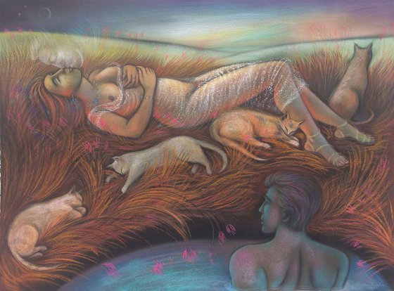 Dawn, kissed by the crescent moon accompanied by four cats