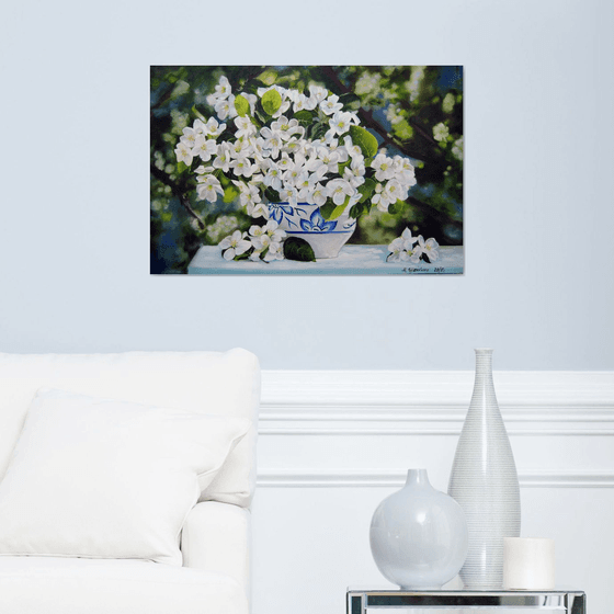 Apple Blossoms in a Vase, Spring Garden Scenery