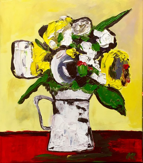 Abstract bouquet flowers, expressive still life on red tablecloth on light yellow #12