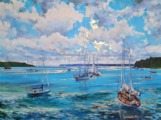 Morning on the bay (mixed-media, acrylic and gold leaf) (36x48x1.5")