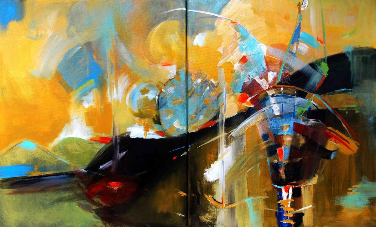 Abstract Landscape Acrylic Painting By Maria Paunova, 30 X 18", Storm - Diptych, Original Artwork