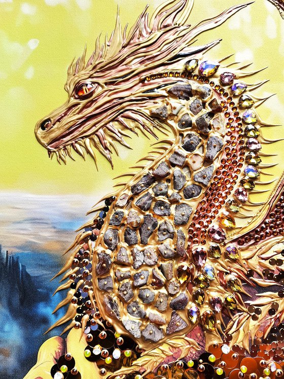 Golden dragon - original painting on canvas with crystal shimmering rhinestones and golden coins. Fantasy art.