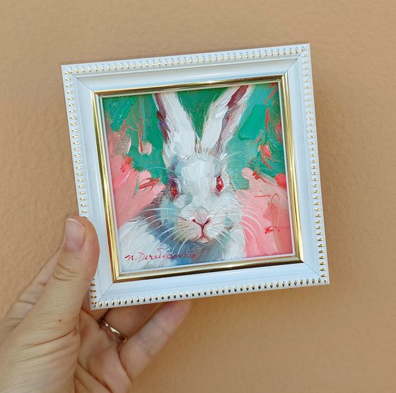 Cute rabbit painting original oil framed 10x10 cm, Small framed art white rabbit artwork