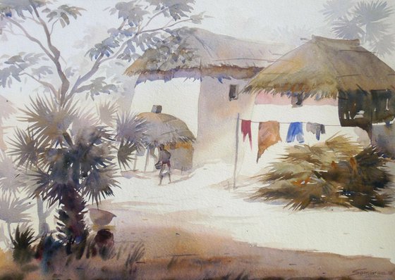 Morning  Bengal Village-Watercolor on Paper Painting