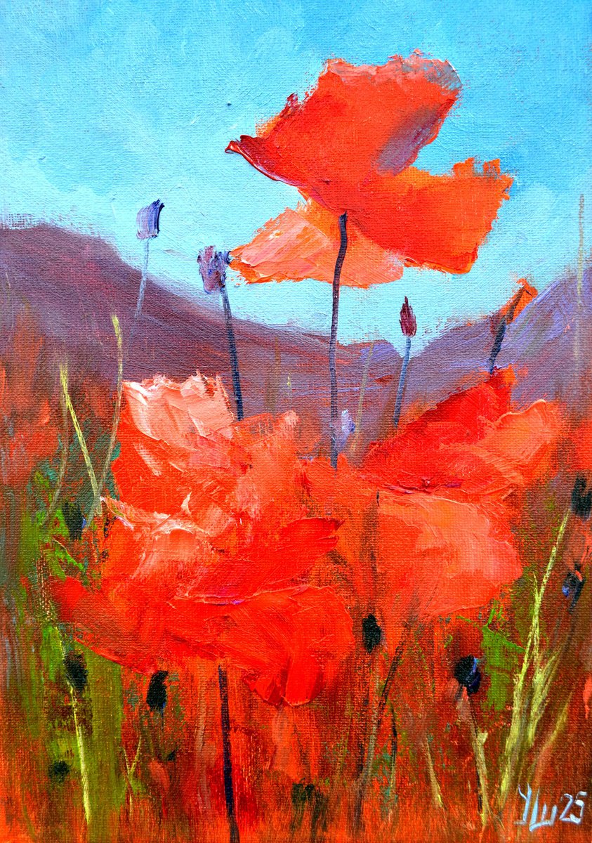 Expressive Botanical Oil Painting By Elena Lukina, 8 X 12, Coral Poppies 30?21, Original Artwork