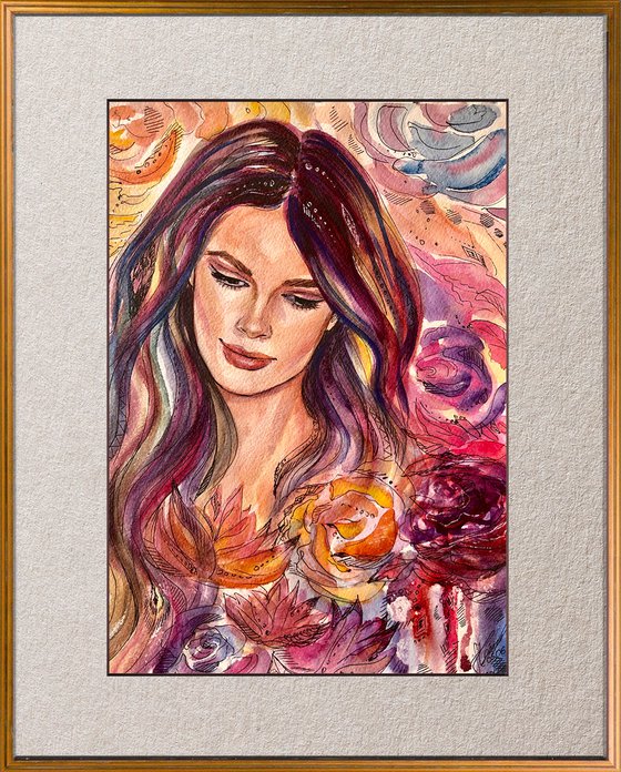 FLOWER MEDLEY, original portrait of a young woman in watercolor with abstract background