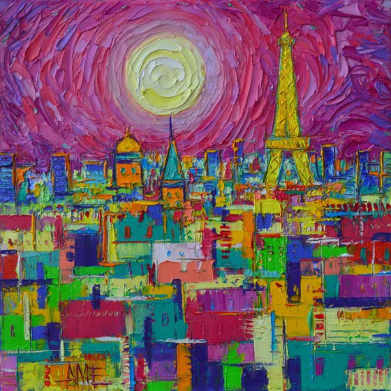 ABSTRACT PARIS VIBRANT NIGHT FULL MOON VIEW FROM NOTRE DAME TOWERS textural impressionist abstract cityscape impasto palette knife oil painting by Ana Maria Edulescu